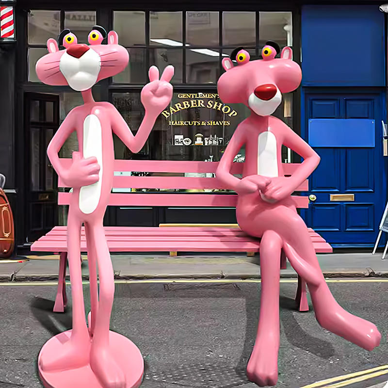 Outdoor Park Decorated With Glass Fiber Cartoon Pink Panther Statue