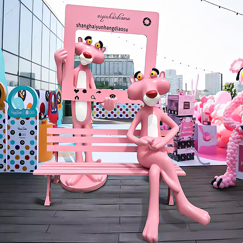 Outdoor Park Decorated With Glass Fiber Cartoon Pink Panther Statue