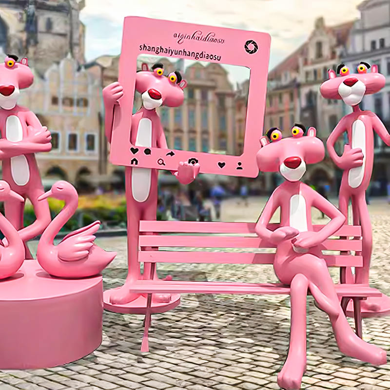 Outdoor Park Decorated With Glass Fiber Cartoon Pink Panther Statue